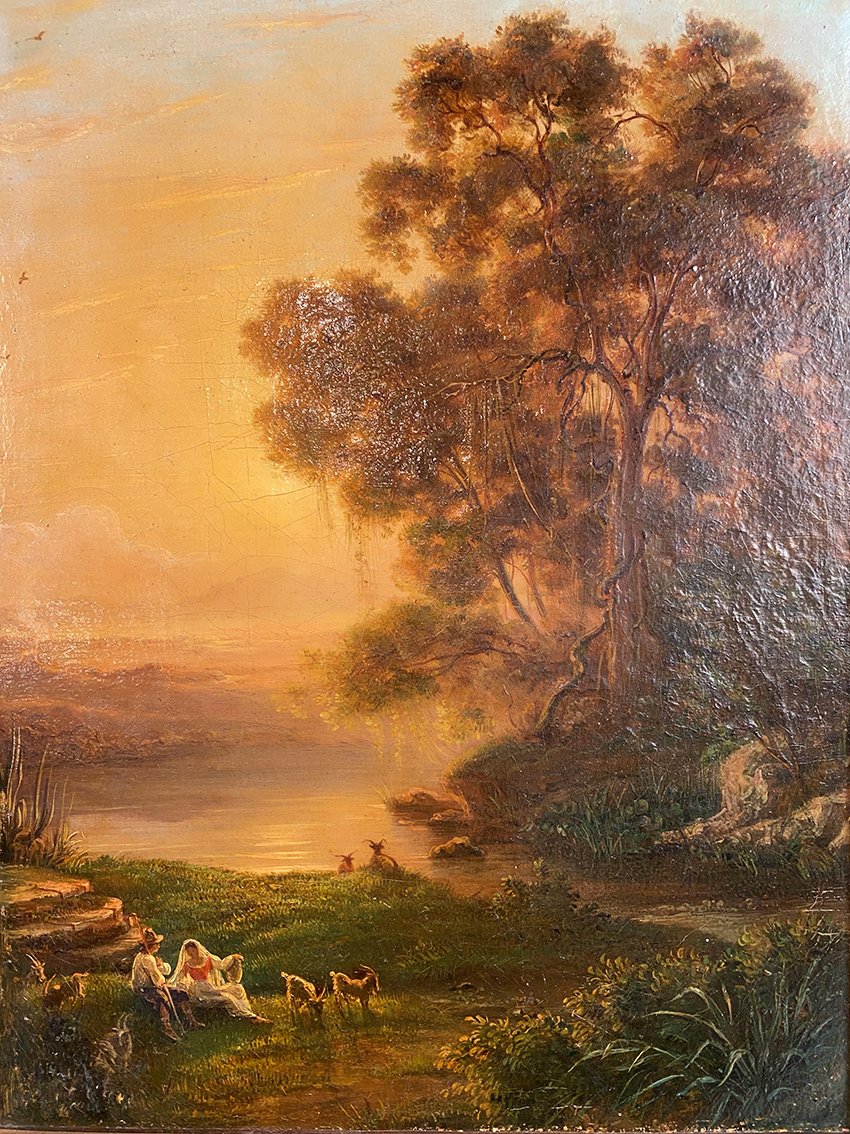 « Paysage animé au coucher du soleil », huile sur toile XIXe-photo-2