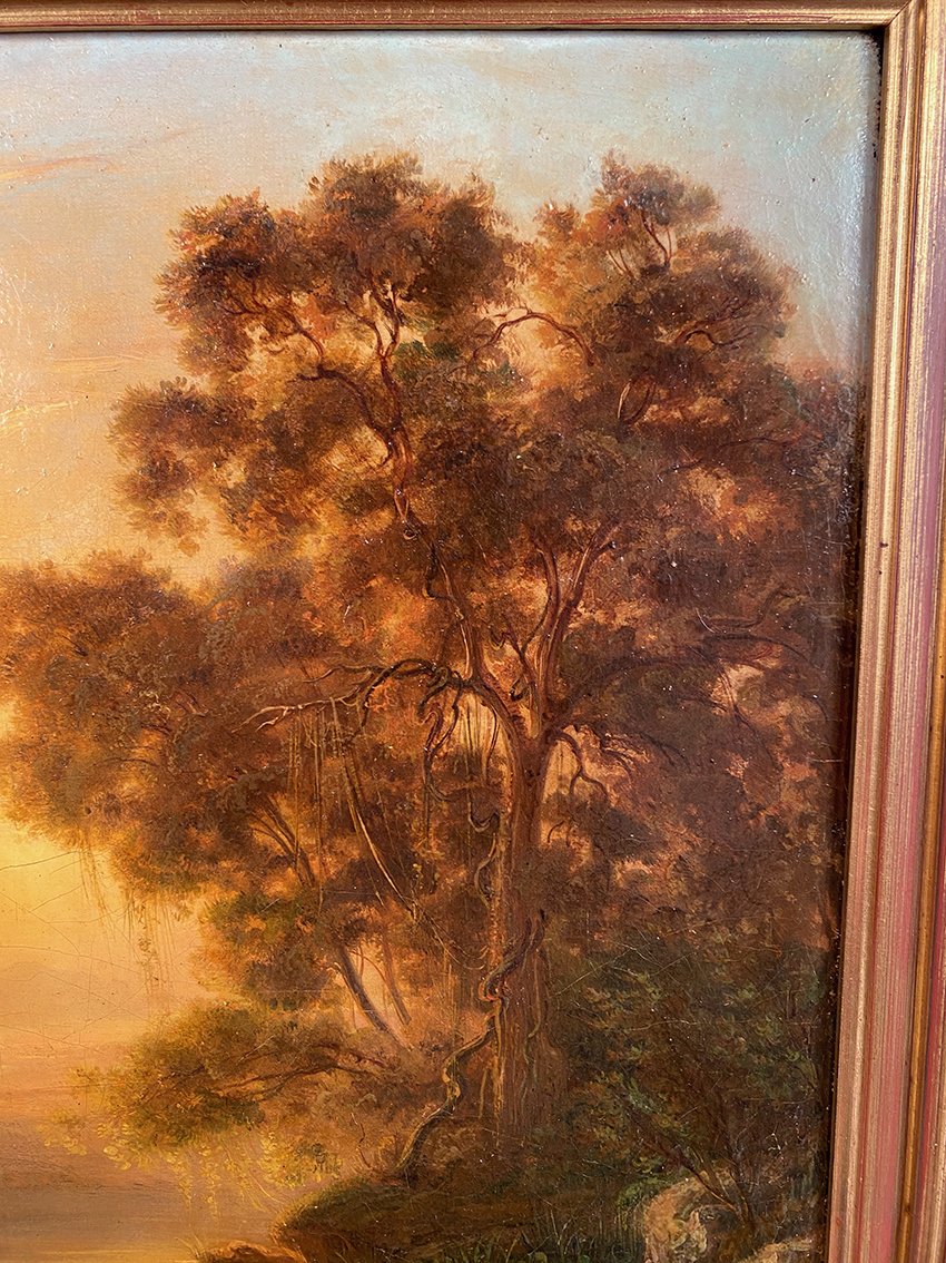 « Paysage animé au coucher du soleil », huile sur toile XIXe-photo-3