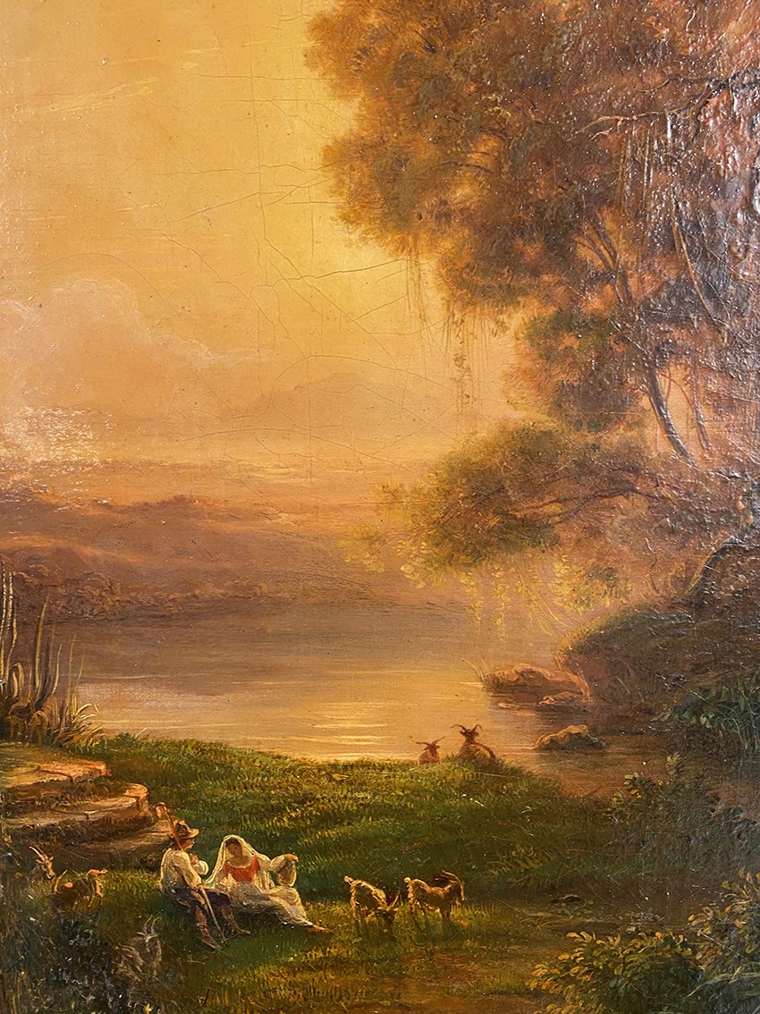 « Paysage animé au coucher du soleil », huile sur toile XIXe-photo-4