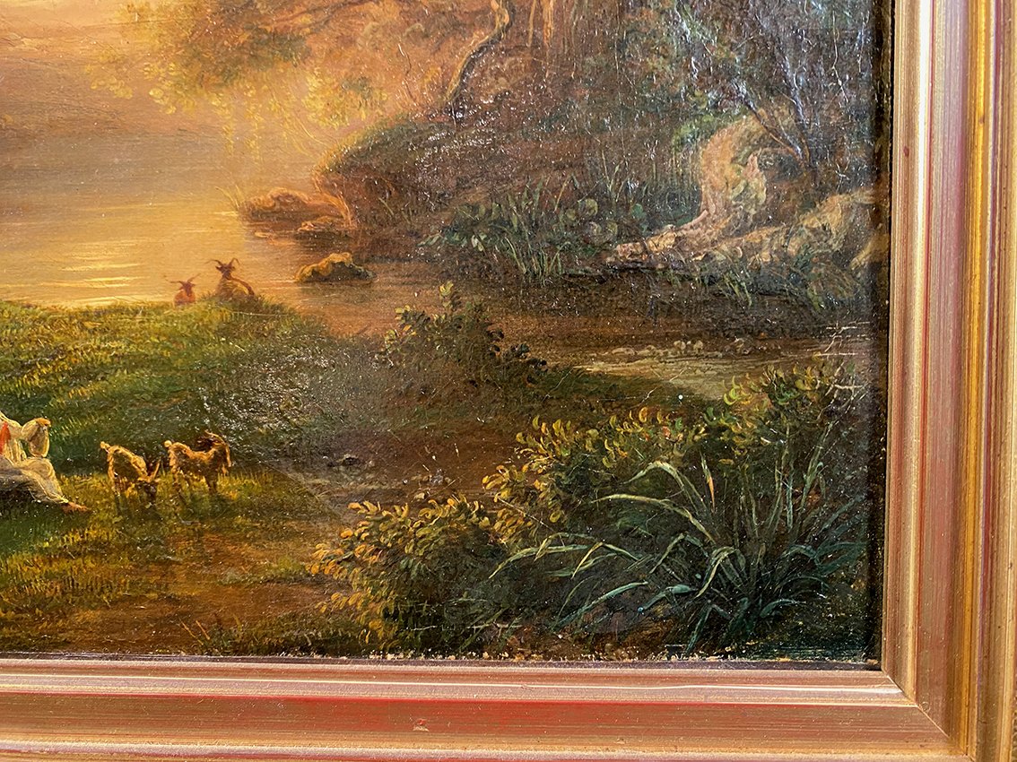 « Paysage animé au coucher du soleil », huile sur toile XIXe-photo-1