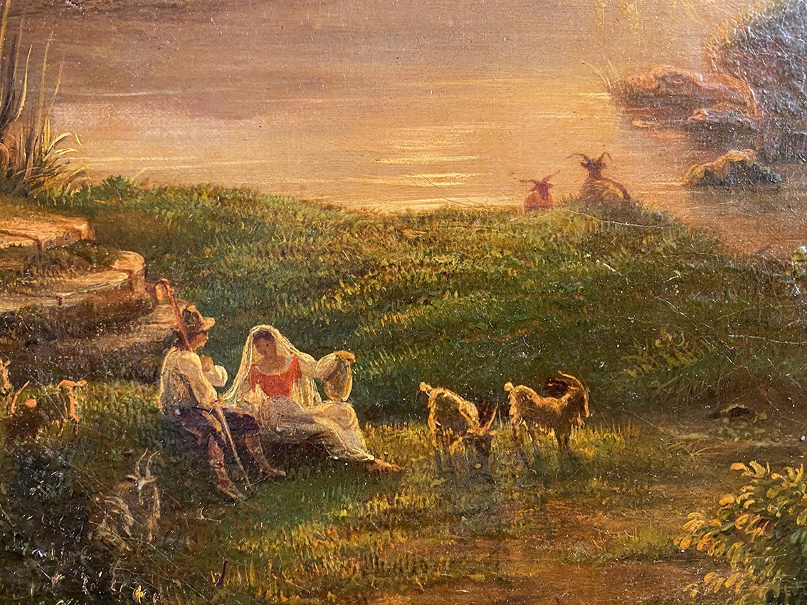 « Paysage animé au coucher du soleil », huile sur toile XIXe-photo-2