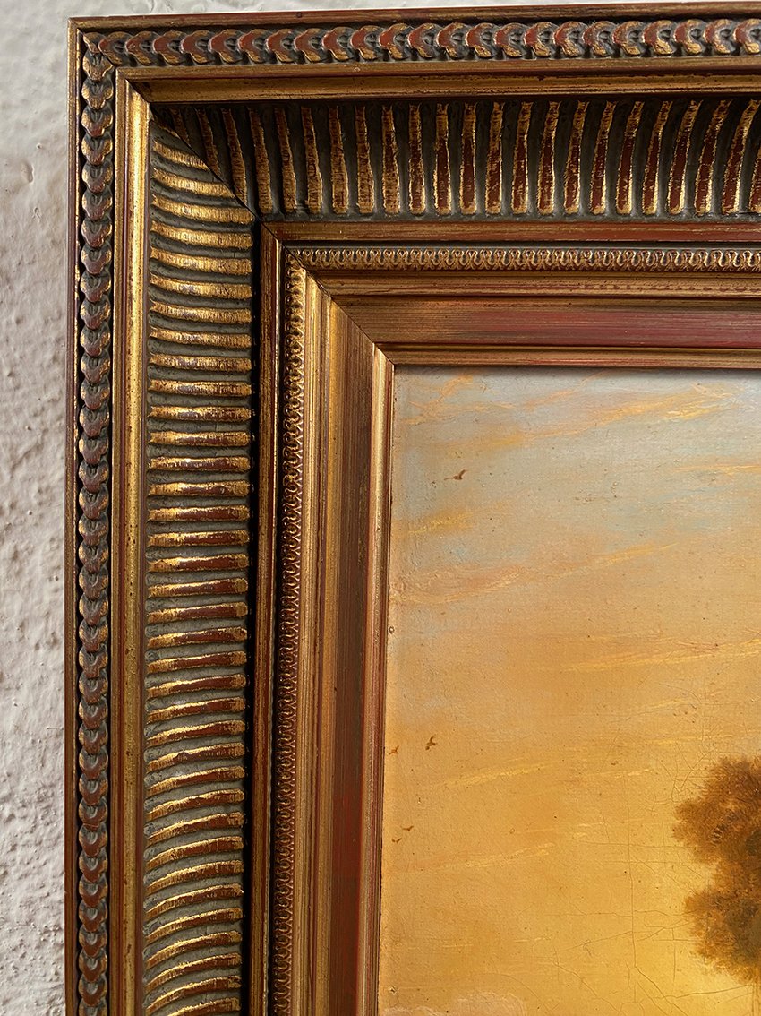 « Paysage animé au coucher du soleil », huile sur toile XIXe-photo-3