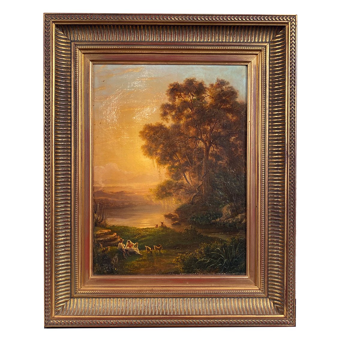 « Paysage animé au coucher du soleil », huile sur toile XIXe