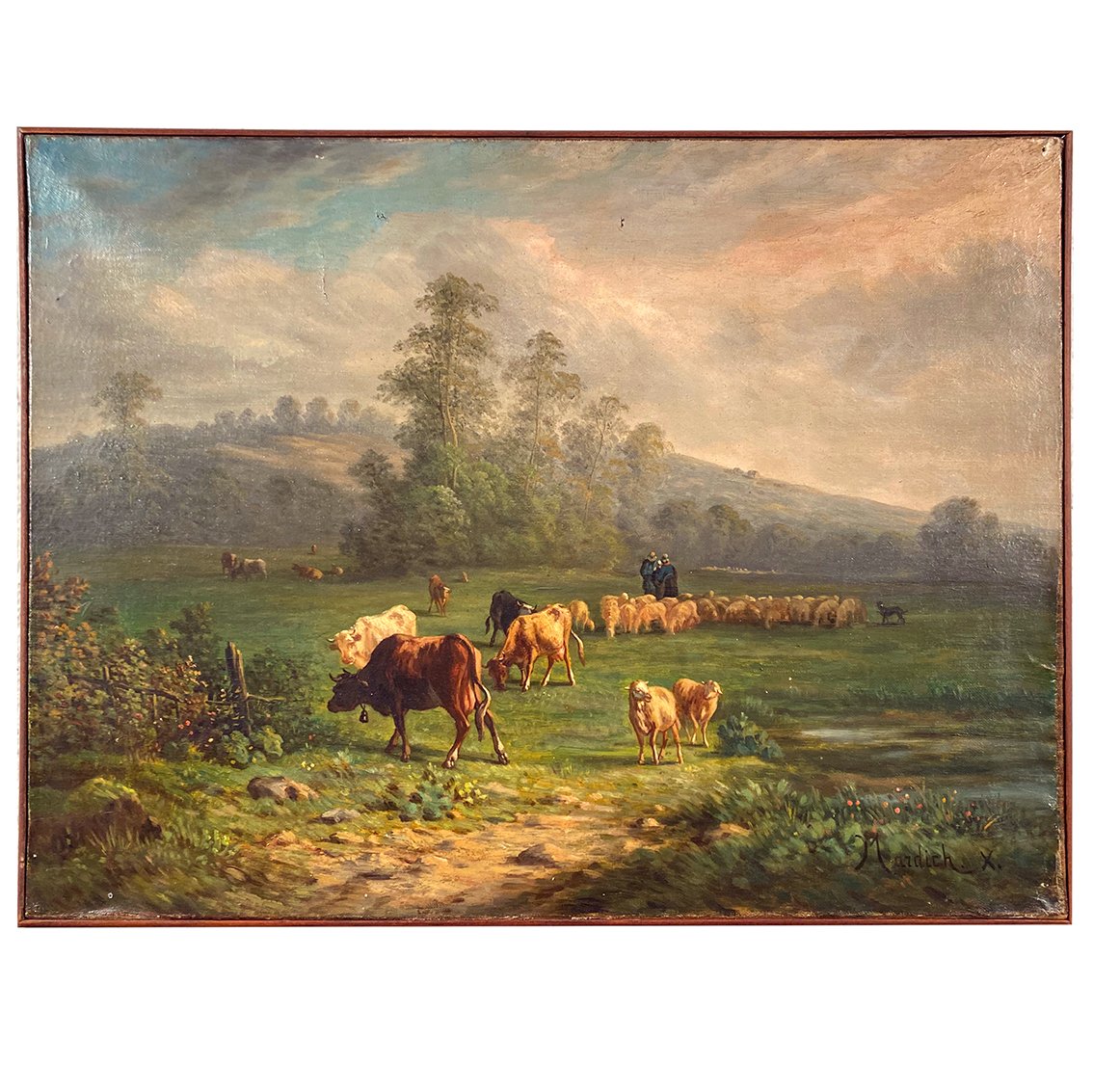 Paysage aux vaches et moutons. Huile sur toile XIXe-photo-2