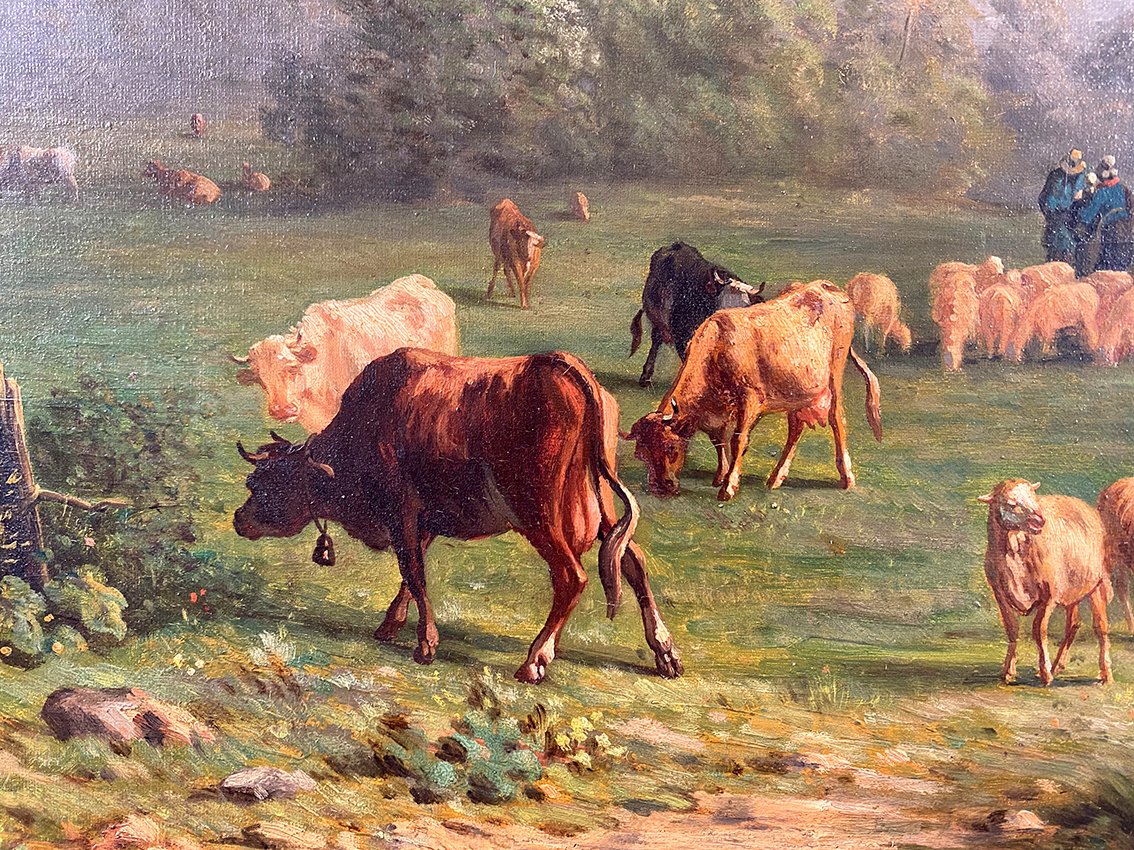 Paysage aux vaches et moutons. Huile sur toile XIXe-photo-3