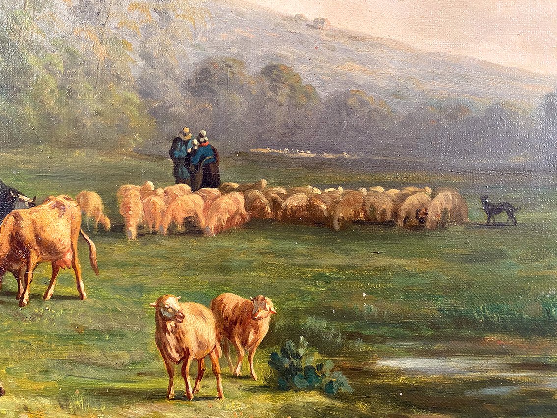 Paysage aux vaches et moutons. Huile sur toile XIXe-photo-4