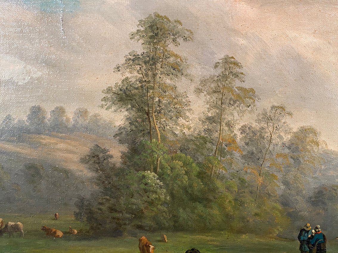 Paysage aux vaches et moutons. Huile sur toile XIXe-photo-1