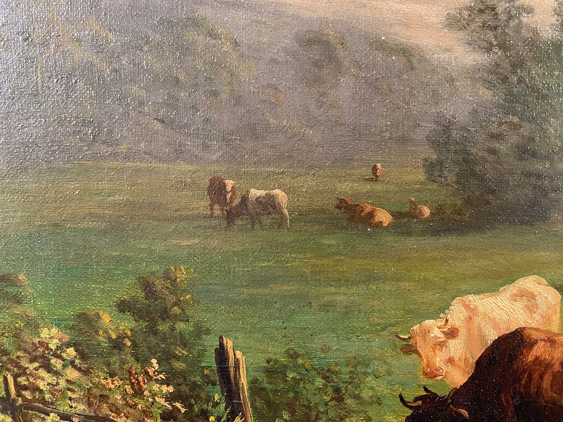 Paysage aux vaches et moutons. Huile sur toile XIXe-photo-2