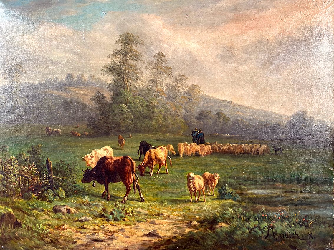 Paysage aux vaches et moutons. Huile sur toile XIXe