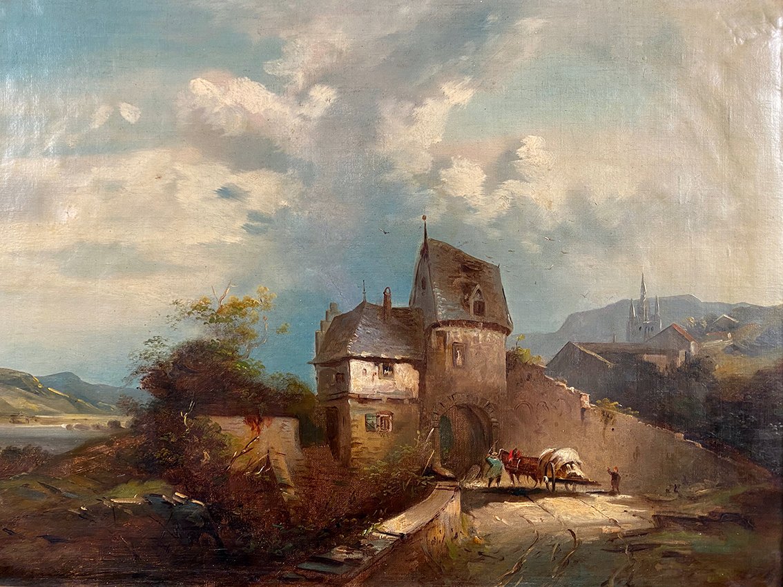Paysage animé, huile sur toile XIXe-photo-2