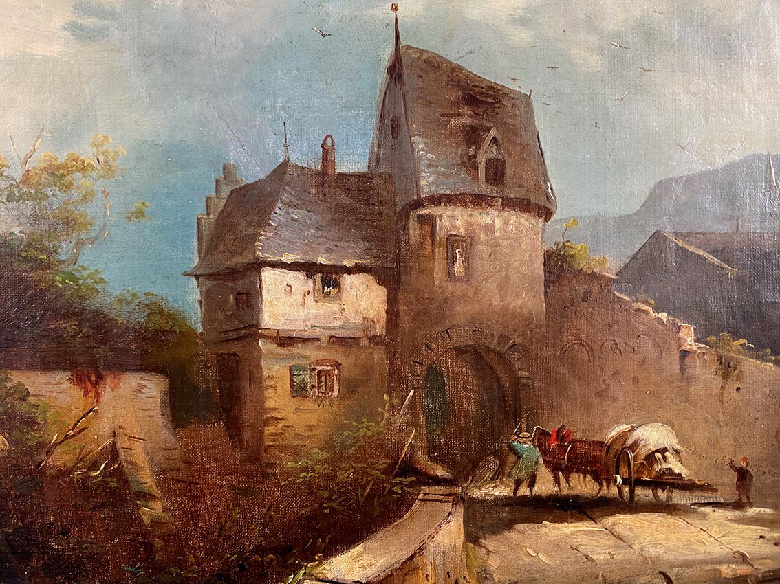 Paysage animé, huile sur toile XIXe-photo-3