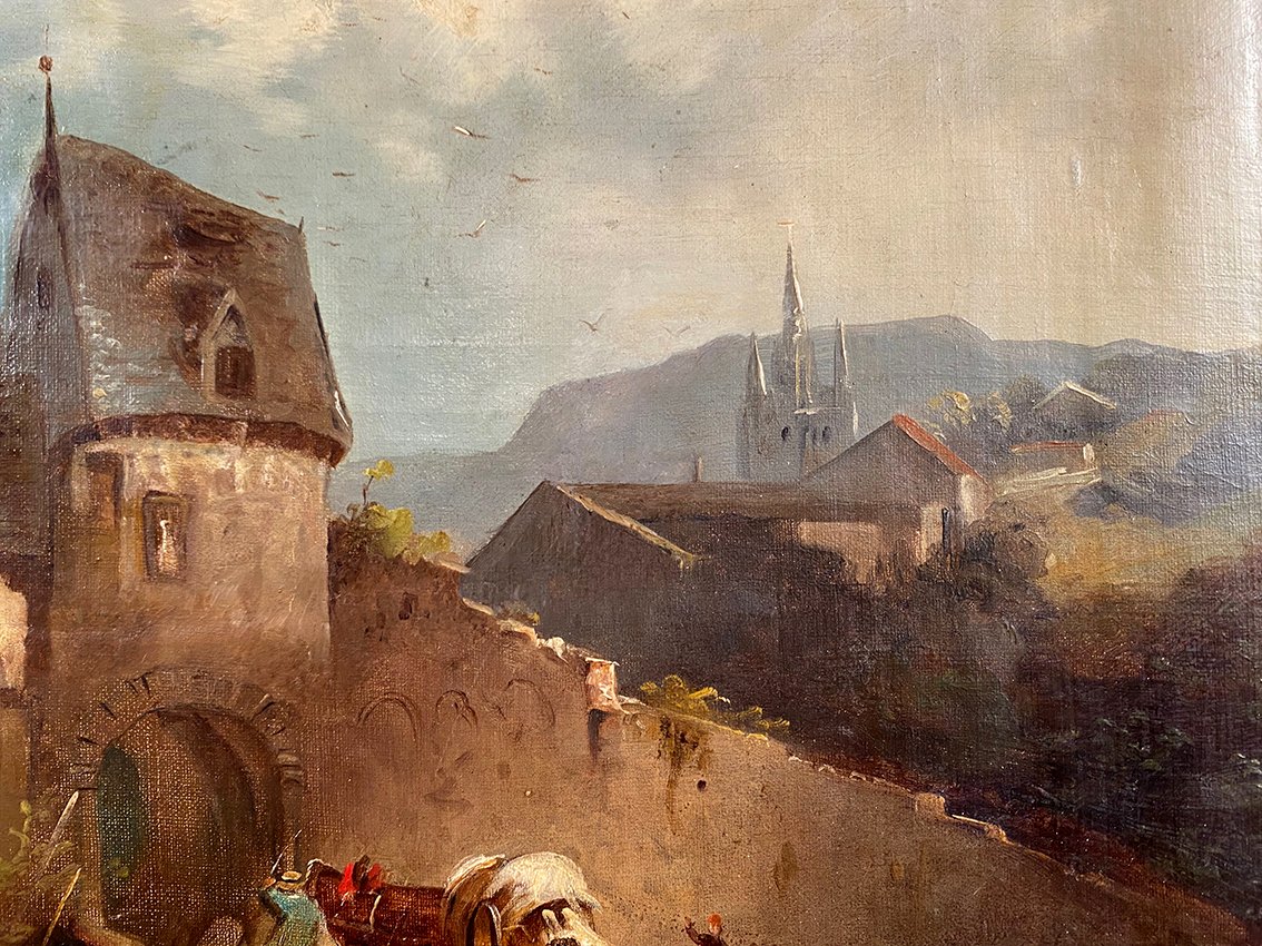 Paysage animé, huile sur toile XIXe-photo-4
