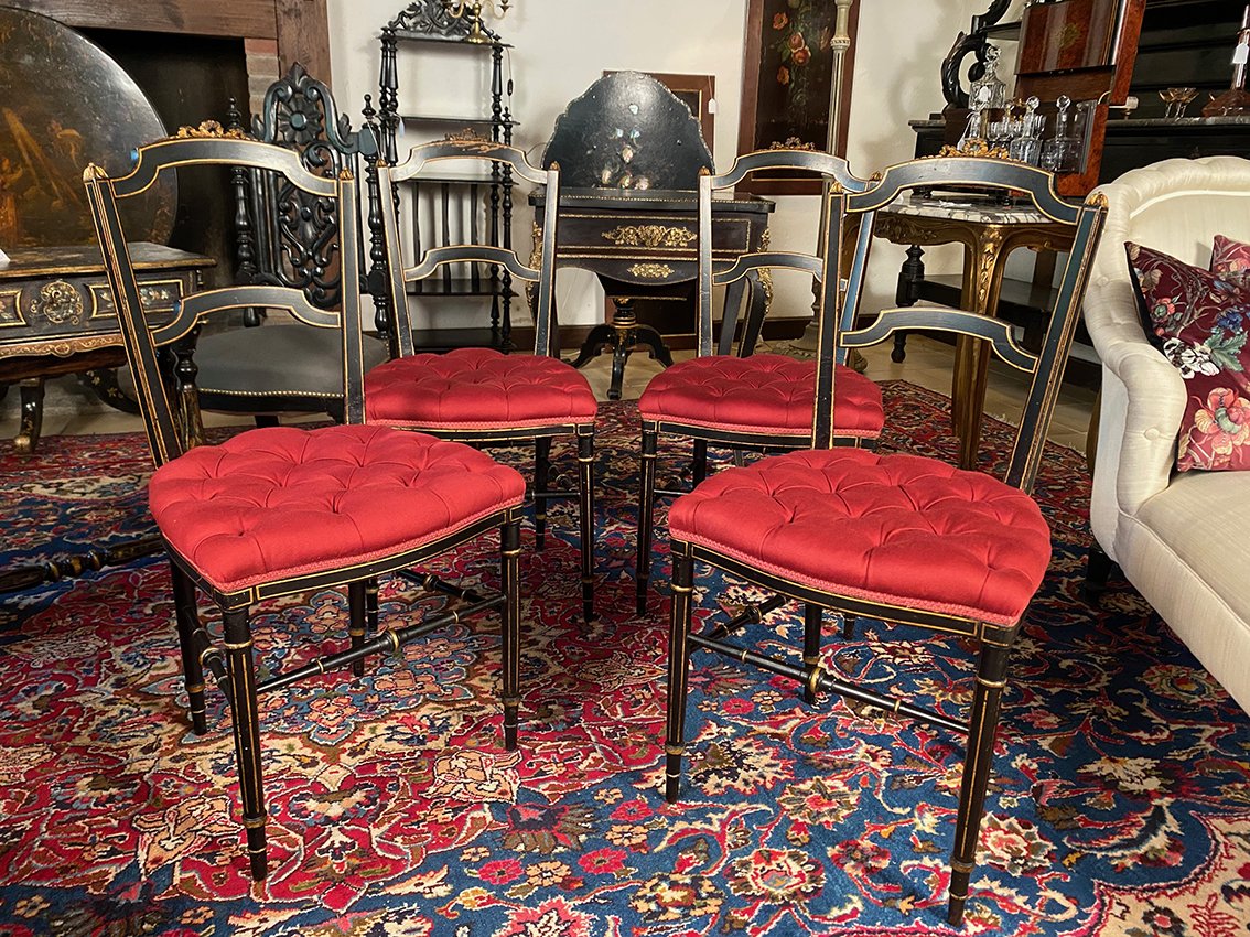Set Of Four Napoleon III Chairs Made Of Black-lacquered Wood With Gold Trim-photo-2
