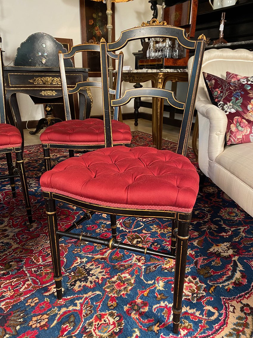 Set Of Four Napoleon III Chairs Made Of Black-lacquered Wood With Gold Trim-photo-3