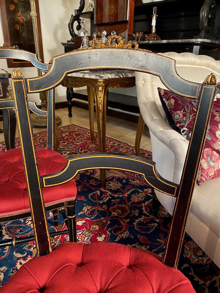 Set Of Four Napoleon III Chairs Made Of Black-lacquered Wood With Gold Trim-photo-4