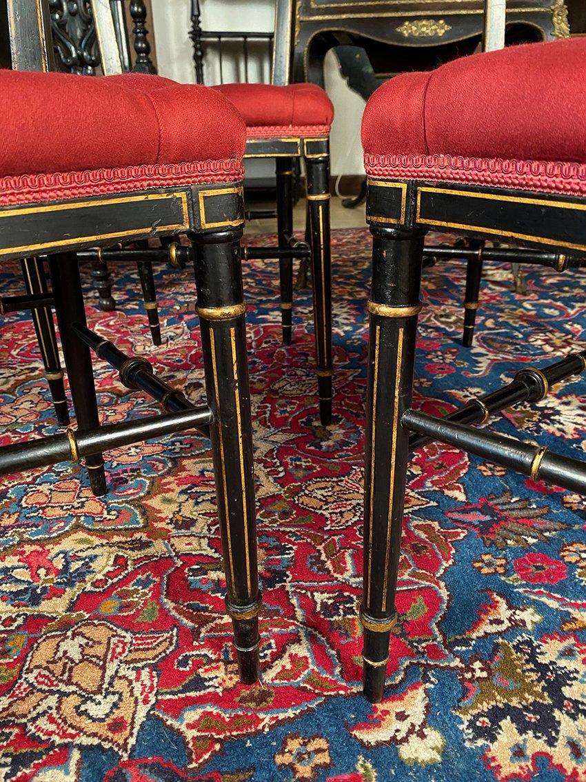 Set Of Four Napoleon III Chairs Made Of Black-lacquered Wood With Gold Trim-photo-3