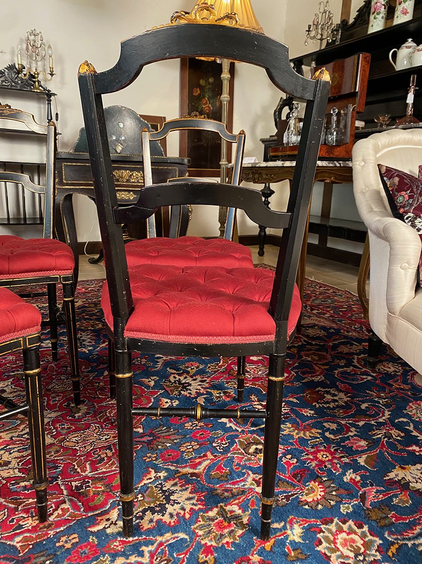 Set Of Four Napoleon III Chairs Made Of Black-lacquered Wood With Gold Trim-photo-4