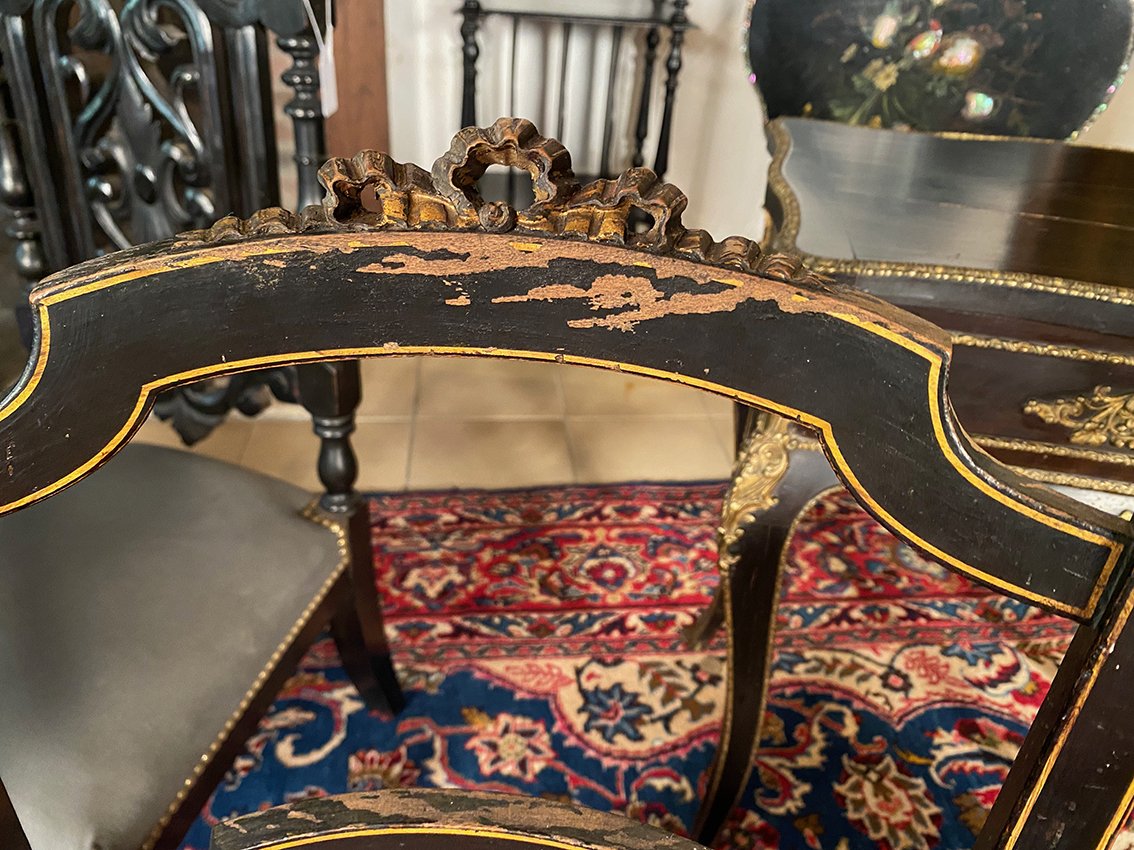 Set Of Four Napoleon III Chairs Made Of Black-lacquered Wood With Gold Trim-photo-6