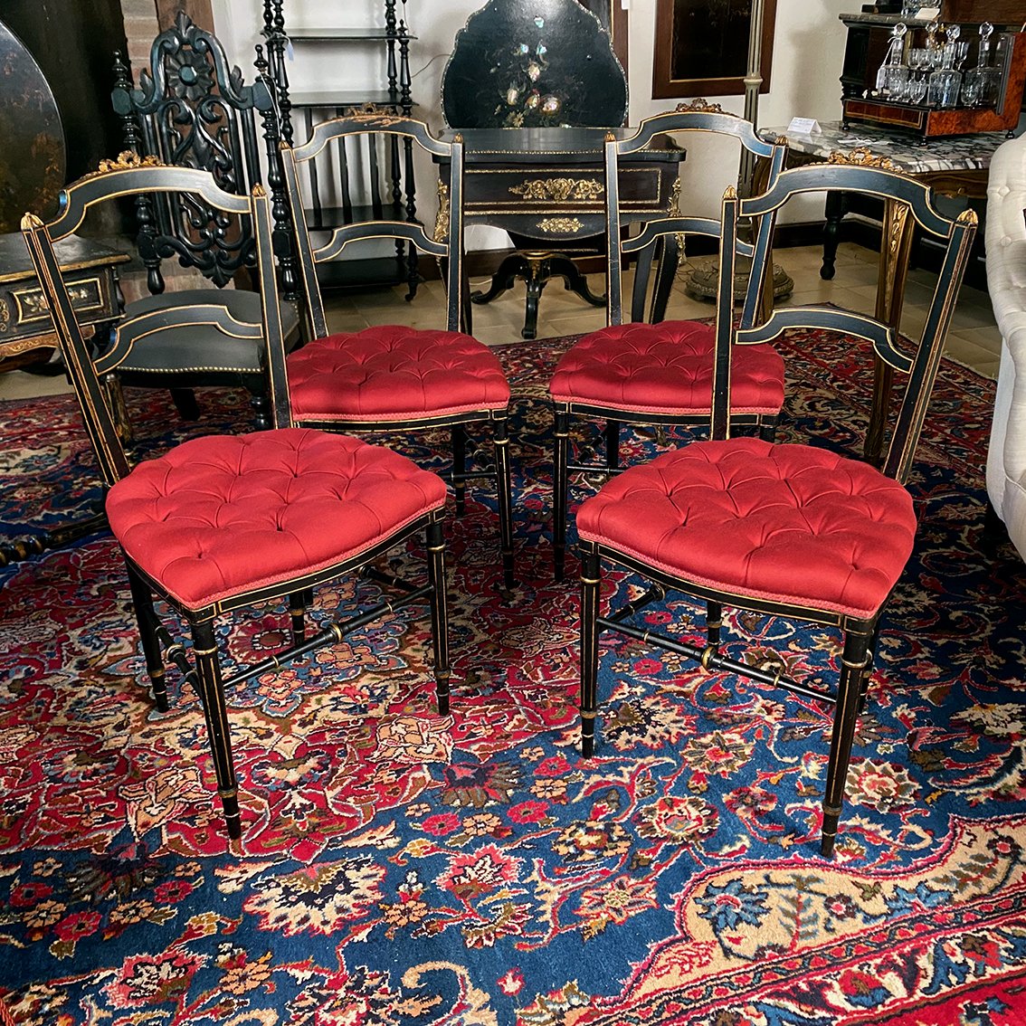 Set Of Four Napoleon III Chairs Made Of Black-lacquered Wood With Gold Trim