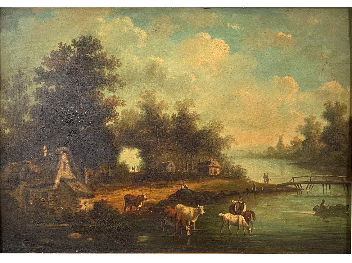 « Paysage animé, au bord d’une rivière », huile sur panneau XIXe-photo-2