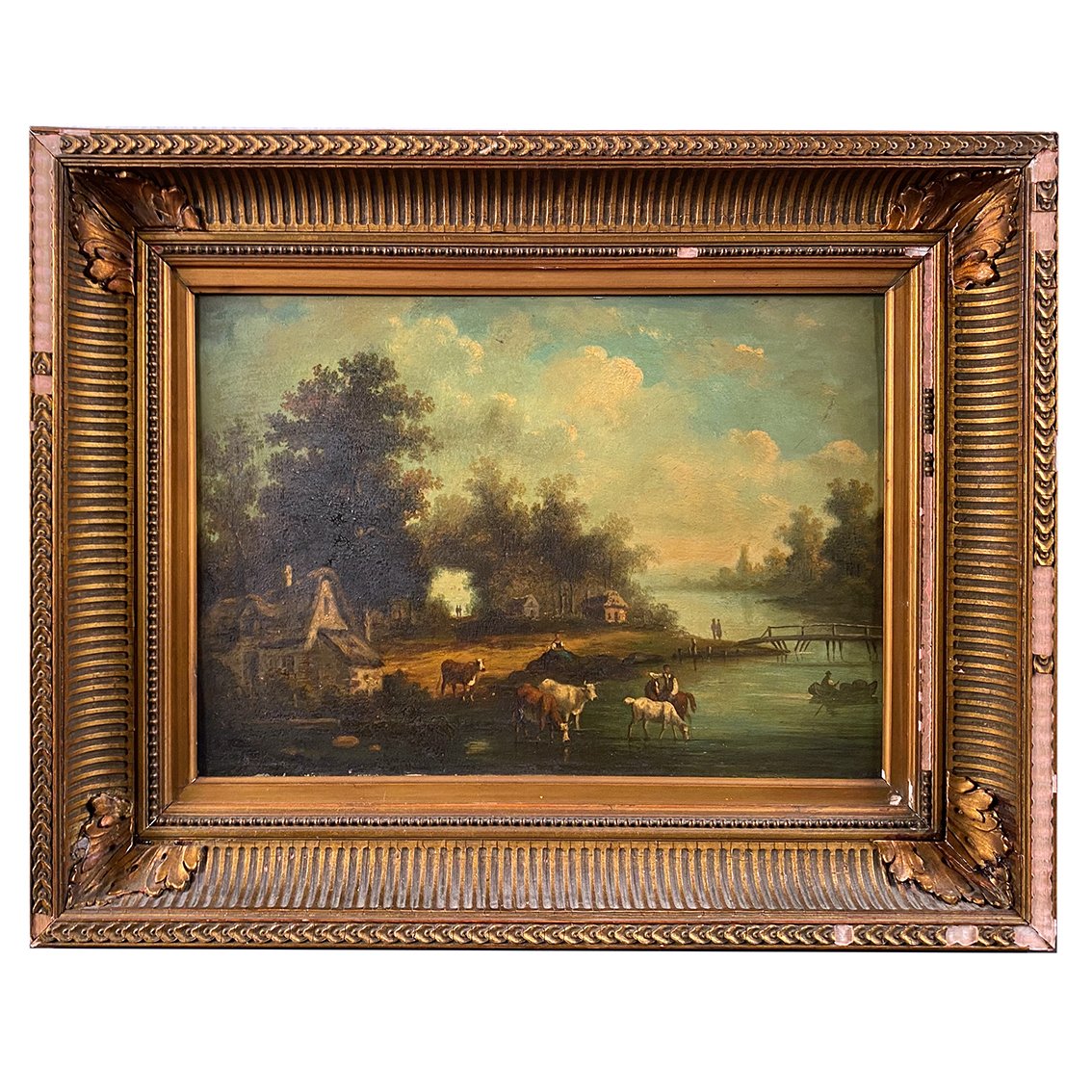 « Paysage animé, au bord d’une rivière », huile sur panneau XIXe