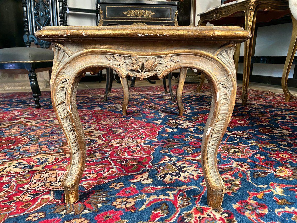 Table basse de style Louis XV en bois sculpté rechampi gris et or-photo-5