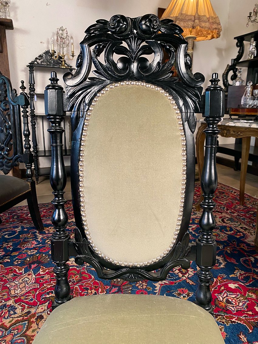 Chaise de nourrice Napoléon III, bois laqué noir et velours vert amande-photo-3