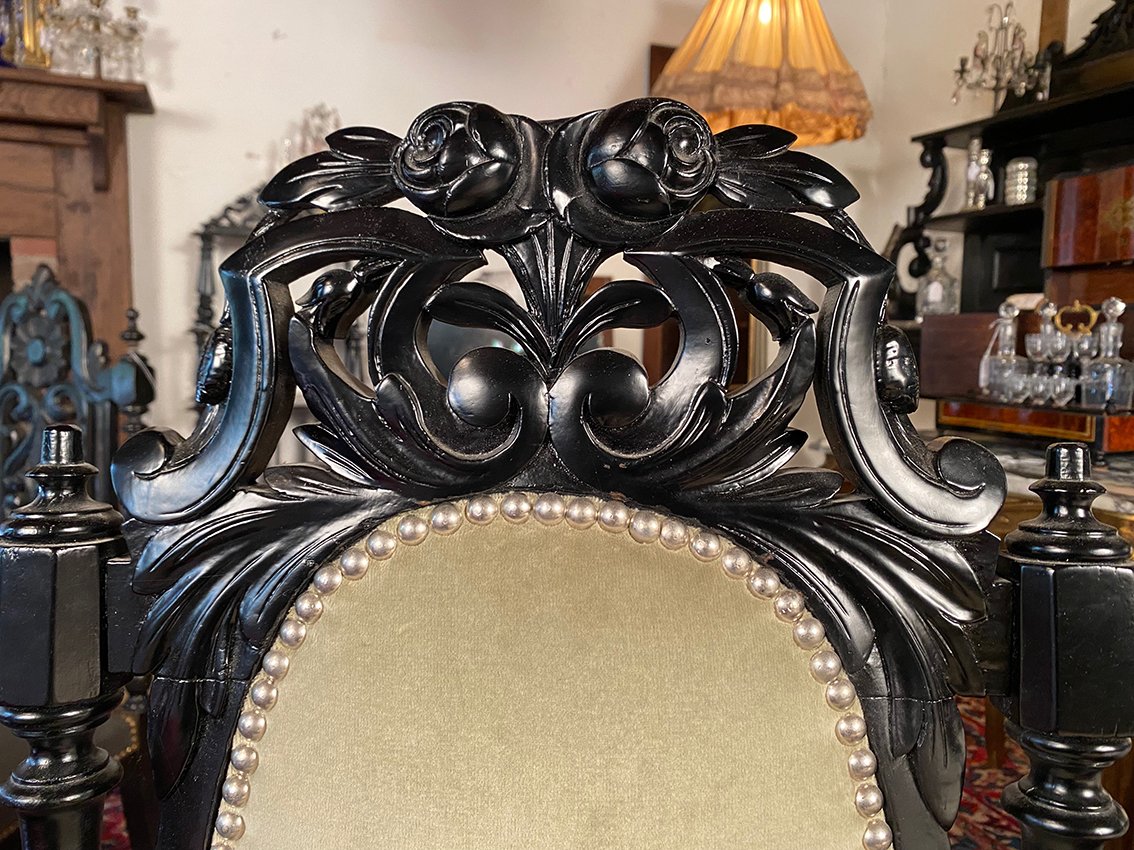 Chaise de nourrice Napoléon III, bois laqué noir et velours vert amande-photo-4