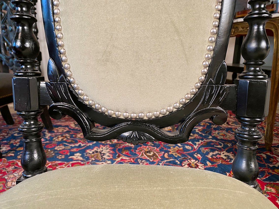 Chaise de nourrice Napoléon III, bois laqué noir et velours vert amande-photo-1