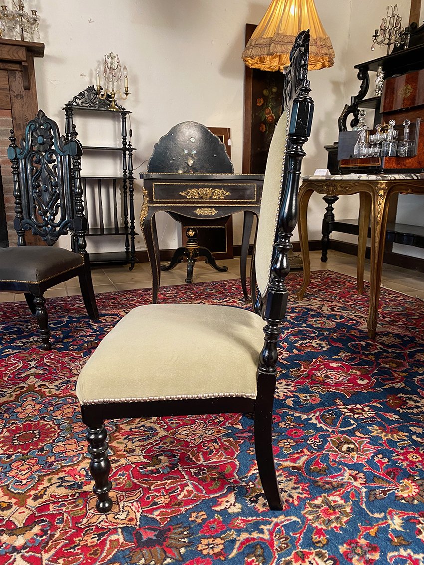 Chaise de nourrice Napoléon III, bois laqué noir et velours vert amande-photo-4