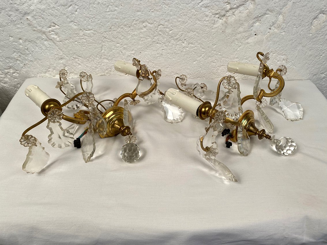 Pair Of Two-arm Wall Sconces Made Of Gold-plated Metal With Tassels-photo-3