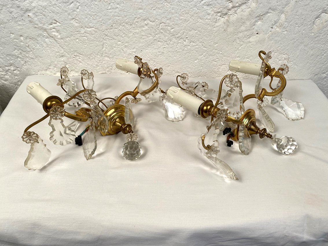 Pair Of Two-arm Wall Sconces Made Of Gold-plated Metal With Tassels-photo-4