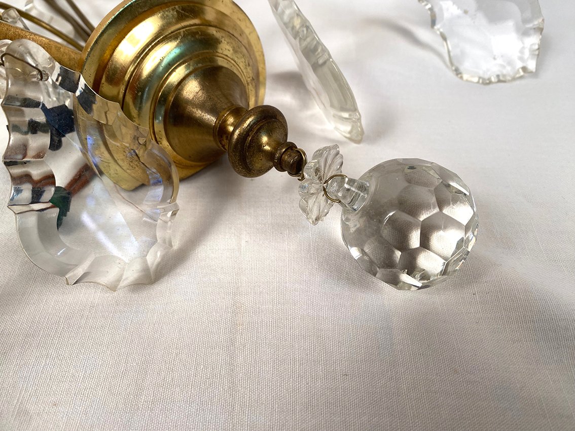 Pair Of Two-arm Wall Sconces Made Of Gold-plated Metal With Tassels-photo-3
