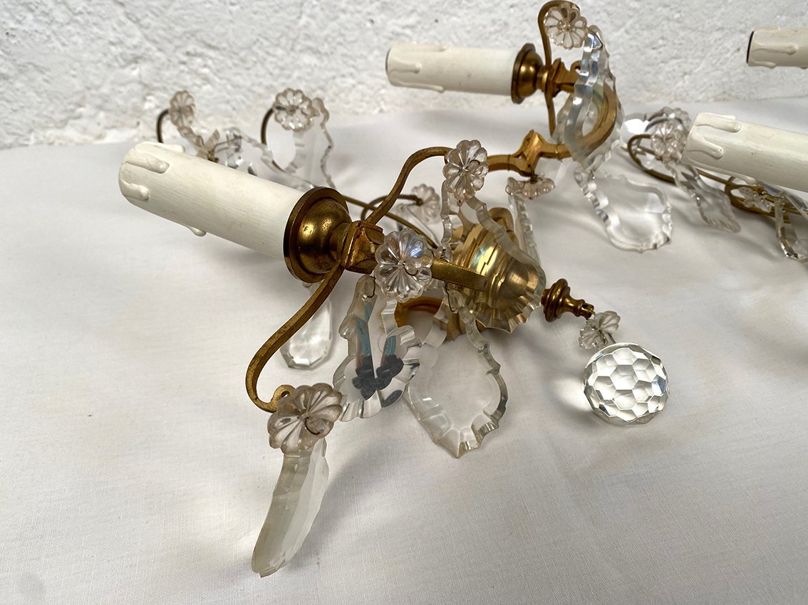 Pair Of Two-arm Wall Sconces Made Of Gold-plated Metal With Tassels-photo-4