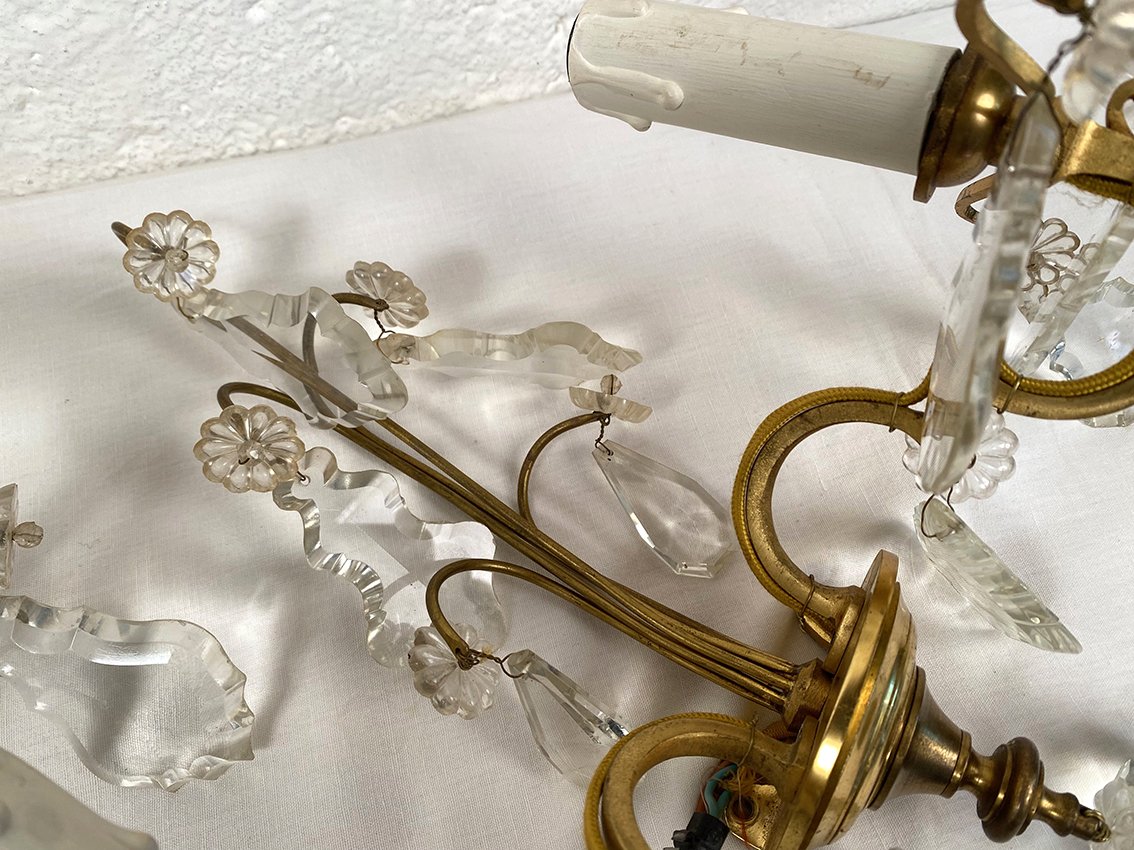 Pair Of Two-arm Wall Sconces Made Of Gold-plated Metal With Tassels-photo-5