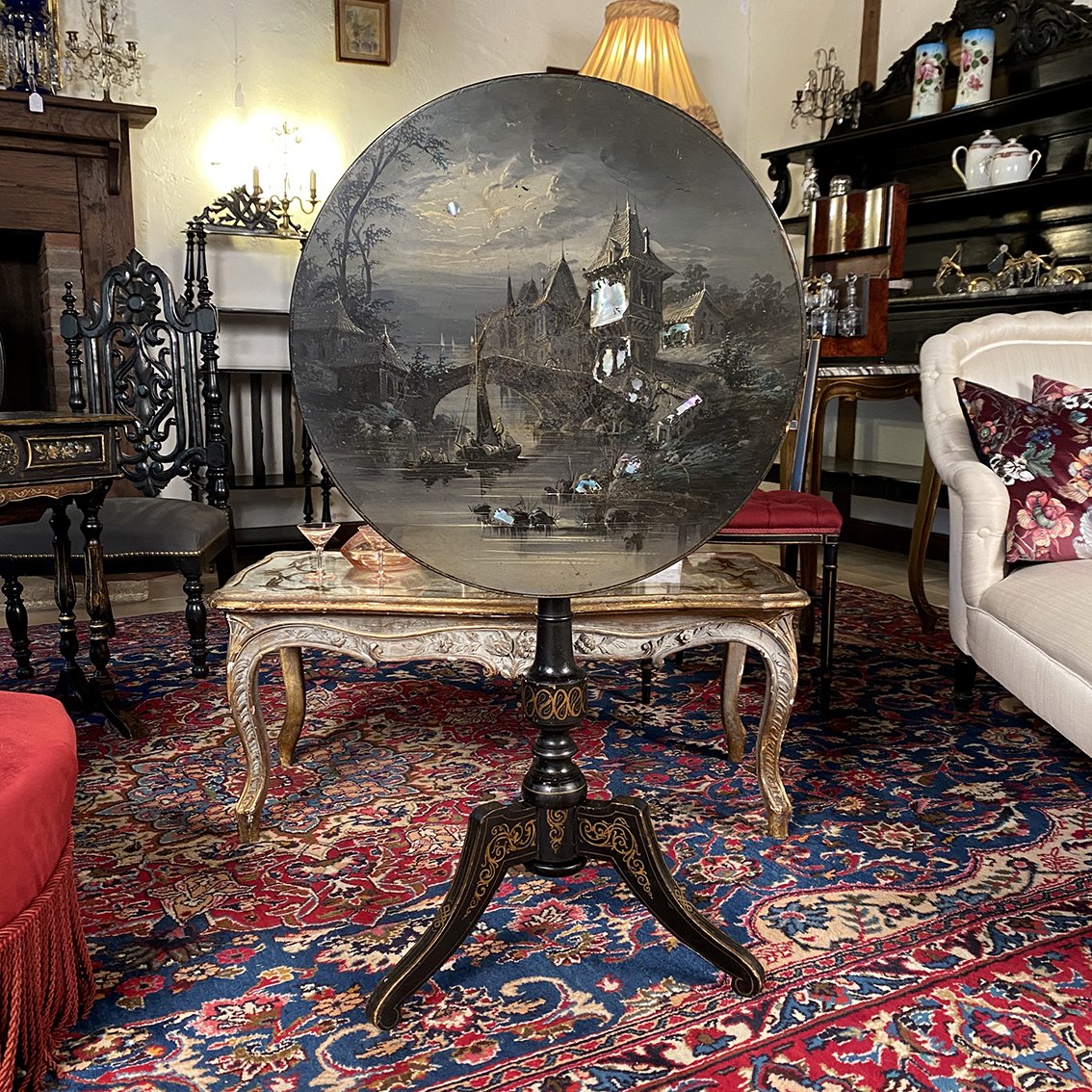 Napoleon III-style Tilting Side Table Decorated With A Moonlit Landscape-photo-2