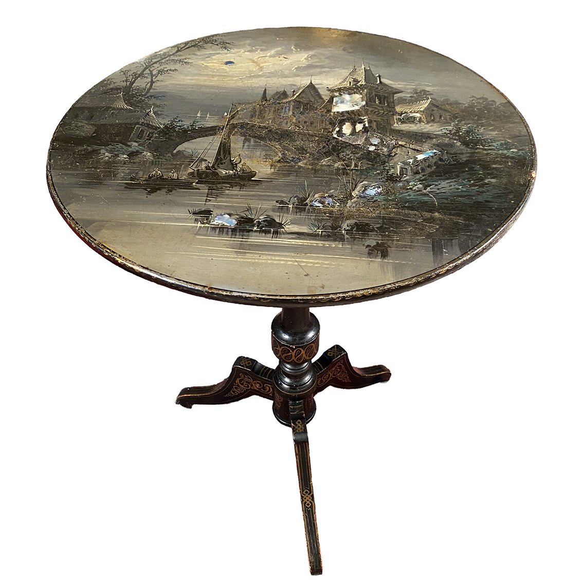 Napoleon III-style Tilting Side Table Decorated With A Moonlit Landscape-photo-4