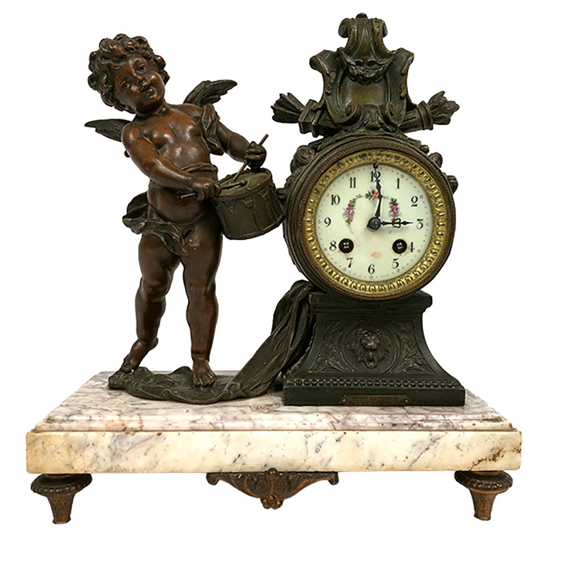 Pendule « l’enfant au tambour » en régule sur terrasse de marbre