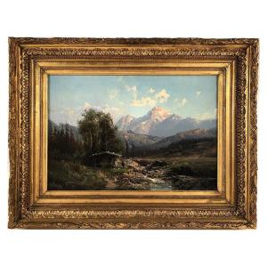 Emile Godchaux (1860-1938), Mountain Landscape Oil On Canvas Signed, Framed