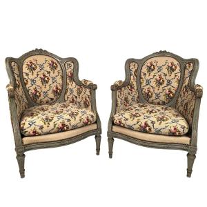 Pair Of Louis XVI Style Wing Chairs In Gray Lacquered Wood. Late 19th Century