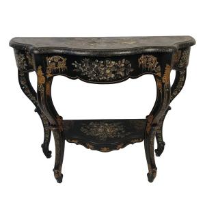 Large Napoleon III Console, Blackened Wood With Rich Painted And Burgundy Decor