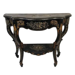 Grande Console Napoléon III, Bois Noirci à Riche Décor Peint Et Burgauté