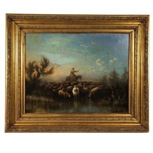 Prosper Ferey, Large Oil On Canvas, “shepherdess And Her Flock” Mid-19th Century