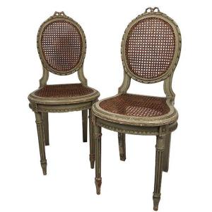 Pair Of Louis XVI Style Chairs In Gray Lacquered Wood, Late 19th Or Early 20th Century