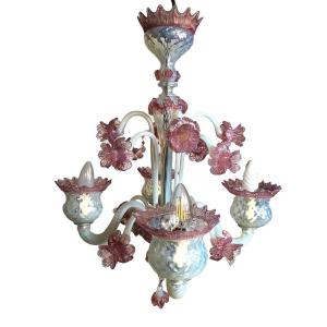 Milky White And Pink Murano Glass Chandelier With Four Arms Of Light