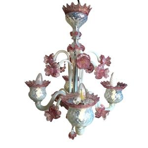 Lustre En Verre De Murano Blanc Laiteux Et Rose à Quatre Bras De Lumière