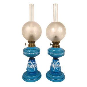 Pair Of Oil Lamps In Blue Opaline With White Enameled Decor