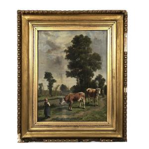 René Joseph Ménard (france, 1827-1887), Oil On Canvas “farmer And Cows”