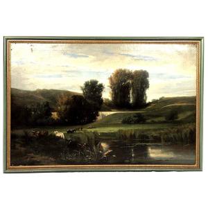 Ecole Française. Très Grande Huile Sur Toile XIXe, Paysage Animé De Vaches