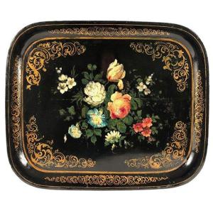 Large Painted Sheet Metal Tray With Flower Decor, Napoleon III